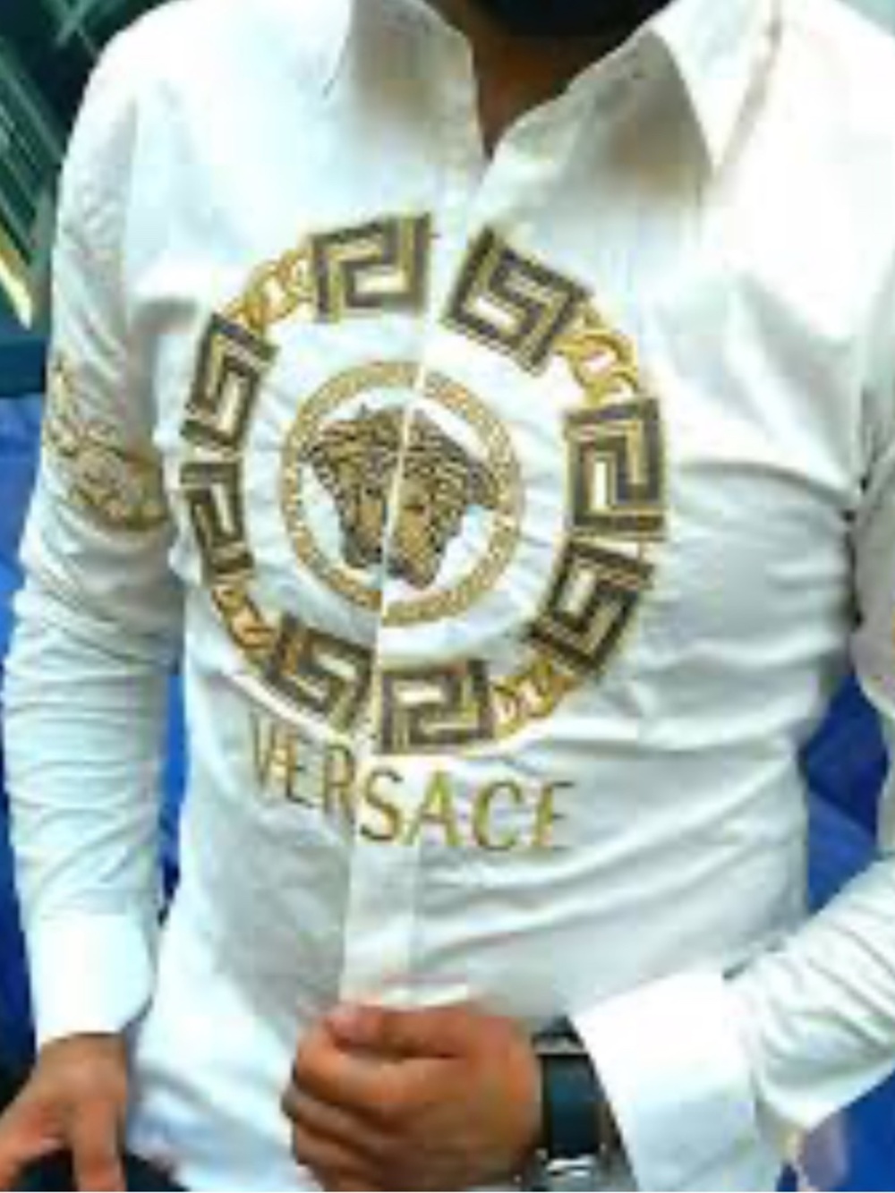 Versace white long-sleeve button-down shirt with large gold Medusa logo XL boy